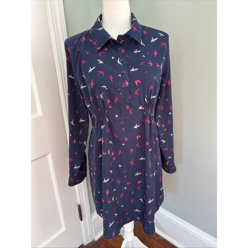 Gap Maternity Shirt Dress SmallNavy Blue Bird Print Long Sleeve Collared Button